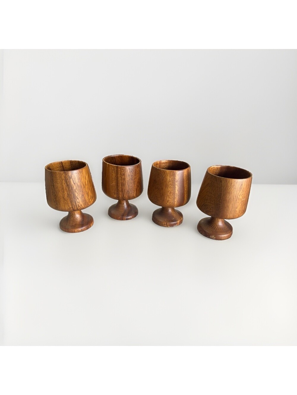 Vintage Set of 6 MidCentury Teak Stemmed Goblets Carved Wood